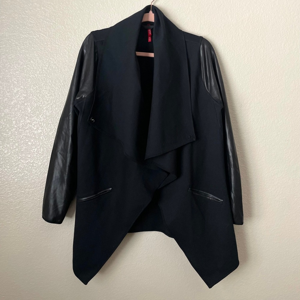 Spanx Drape Front Jacket Womens XL Black Faux Leather Asymmetrical Open Front - Picture 6 of 11